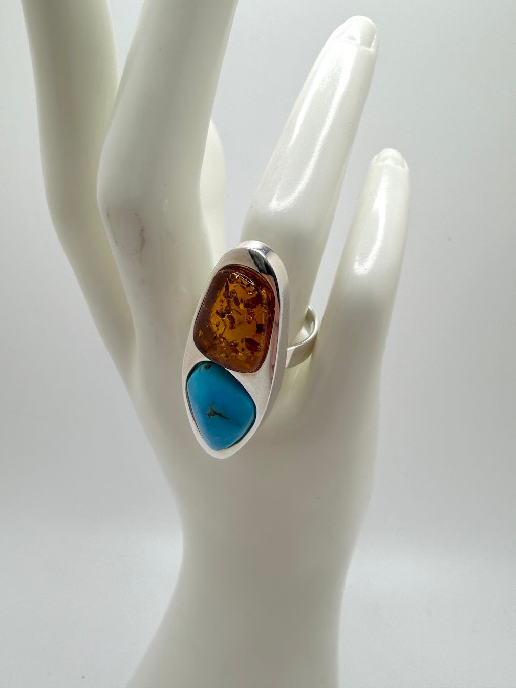 Sterling Silver Baltic Amber & Sleeping Beauty Turquoise Pendant – Handmade Modern Elongated Design – Snake Chain Necklace