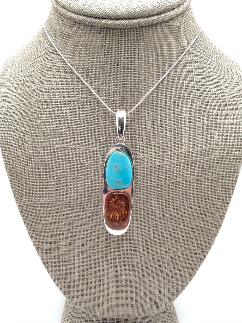 Sterling Silver Baltic Amber & Sleeping Beauty Turquoise Pendant – Handmade Modern Elongated Design – Snake Chain Necklace