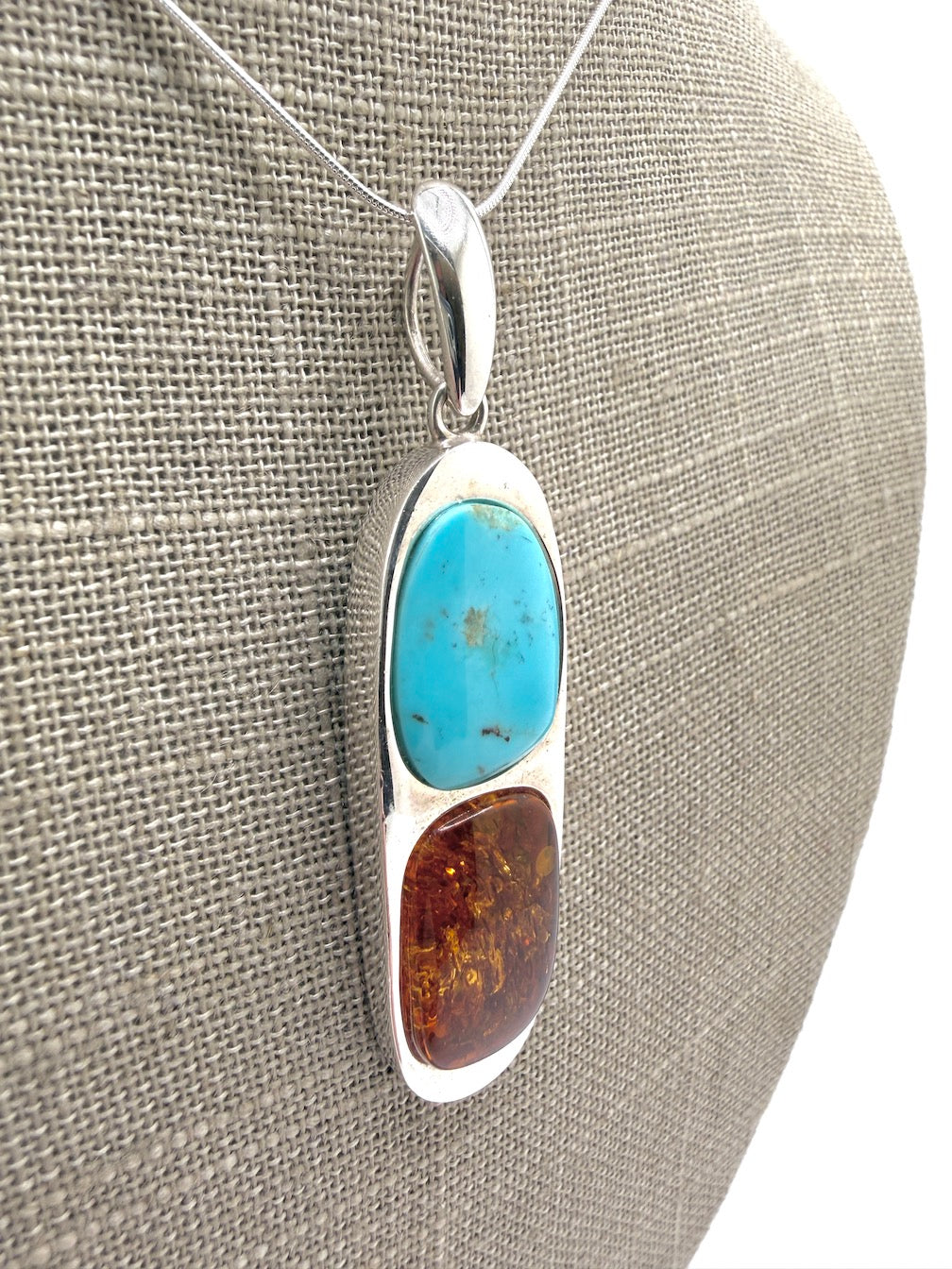 Sterling Silver Baltic Amber & Sleeping Beauty Turquoise Pendant – Handmade Modern Elongated Design – Snake Chain Necklace