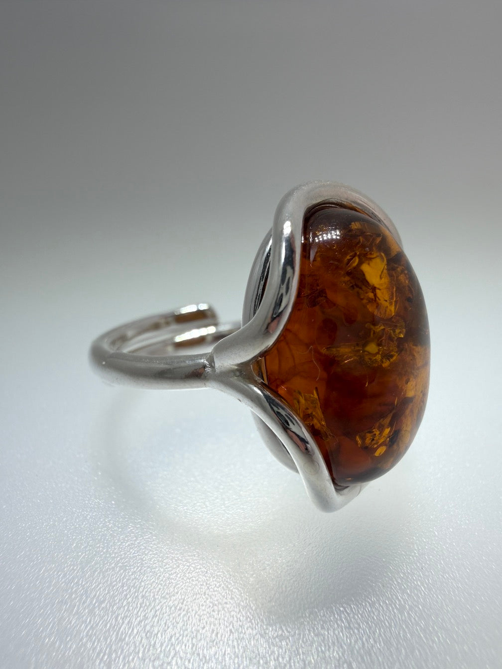 Sterling Silver Cognac Baltic Amber Adjustable Size Ring