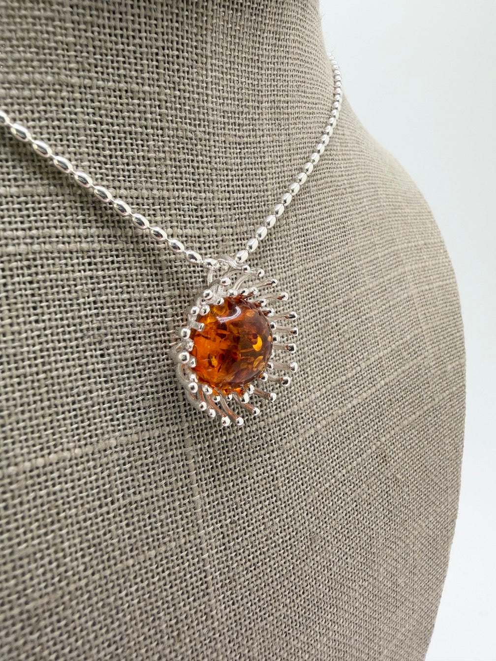 Sterling Silver Cognac Baltic Amber Pendant Necklace – Modern Whimsical Design on Bead Chain – Unique Silver Pin Setting