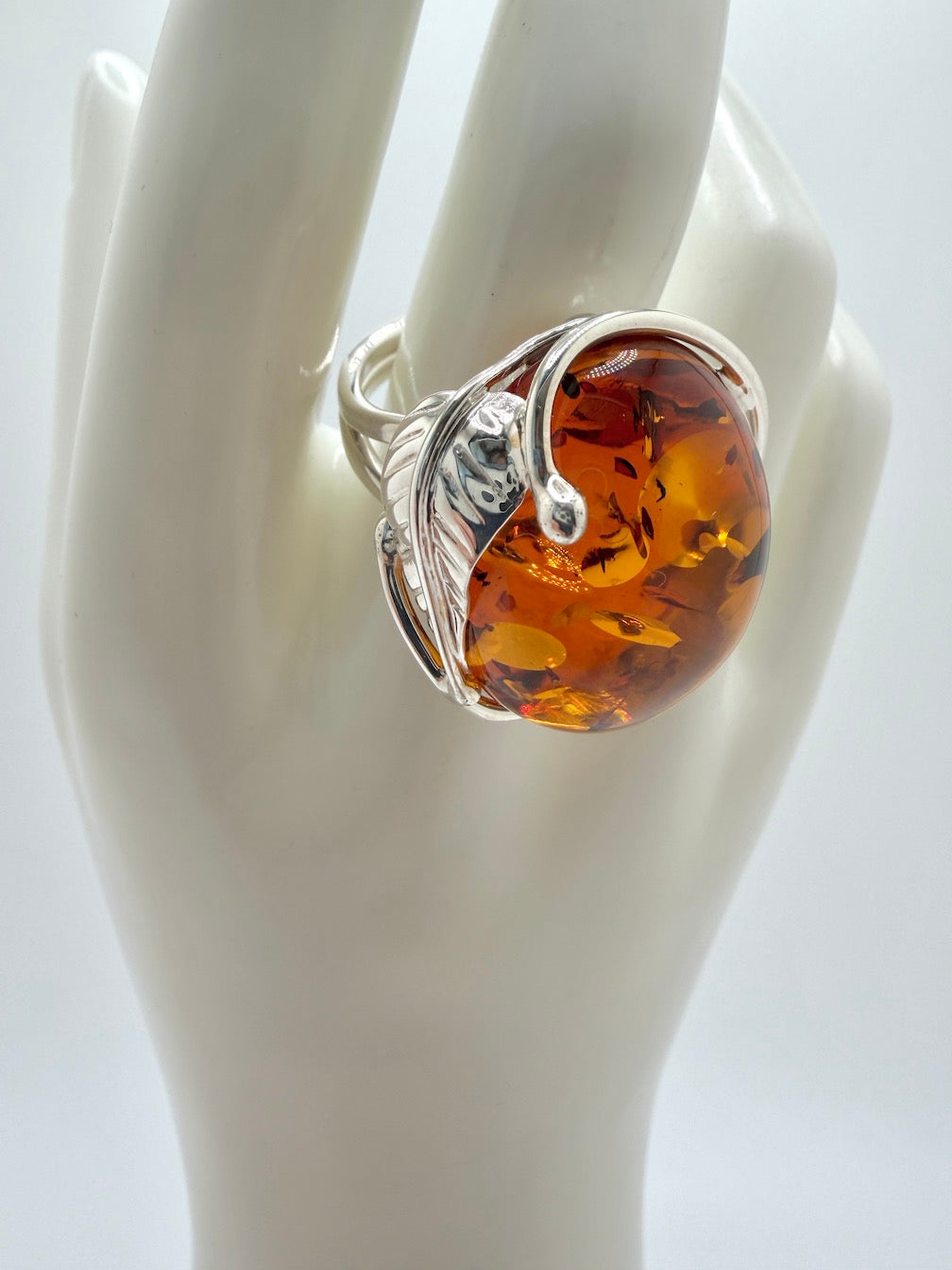 Sterling Silver Cognac Baltic Amber Ring – Handmade organic leaf design
