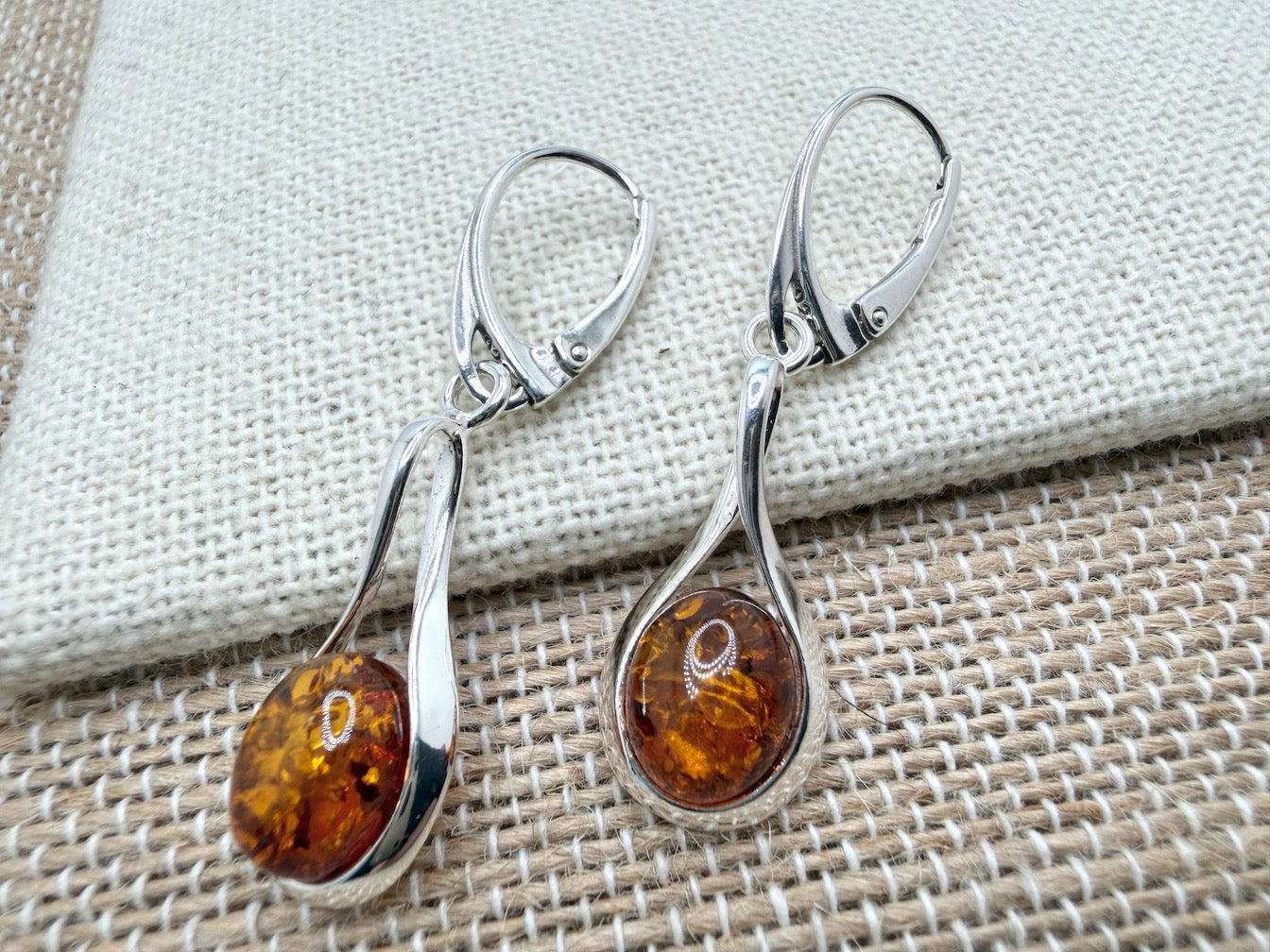 Sterling Silver Cognac Baltic Amber Star & Ribbon Drop Lever Back Earrings | Elegant Lightweight Dangle Jewelry