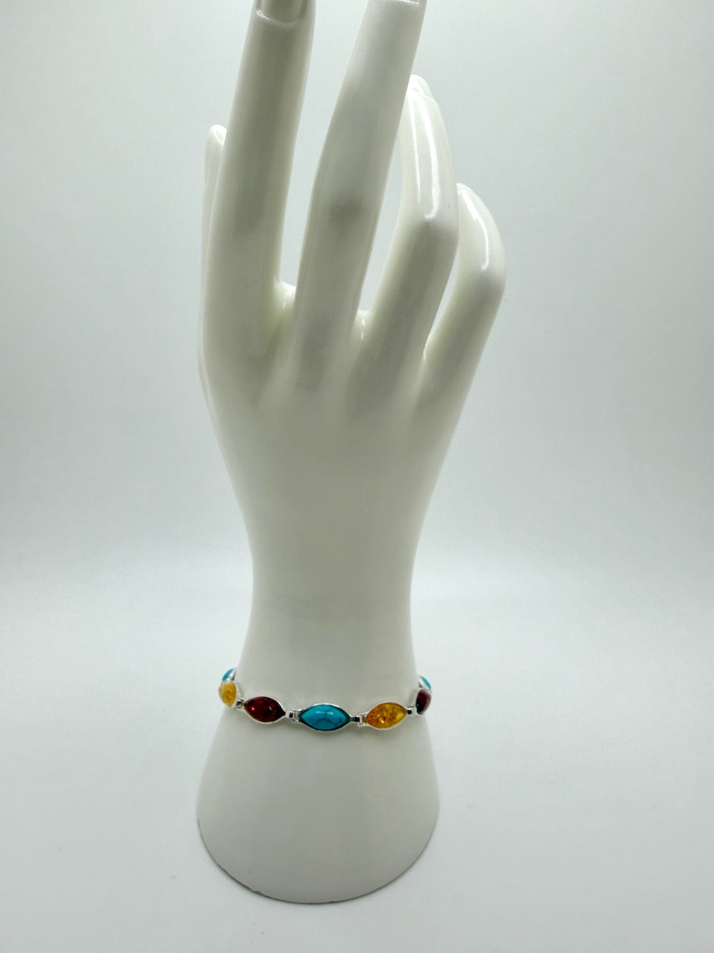 Sterling Silver Cognac & Lemon Baltic Amber with Turquoise Link Bracelet
