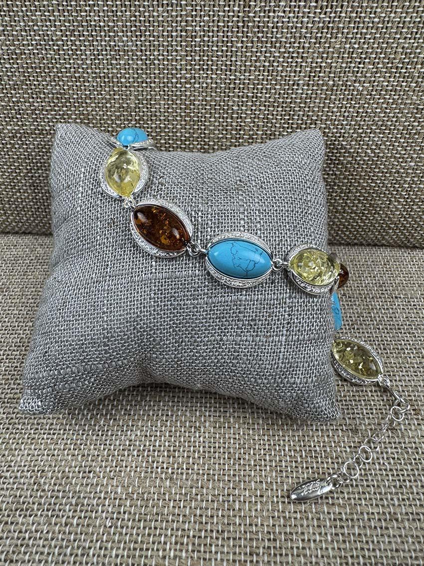 Sterling Silver Cognac & Lemon Baltic Amber with Turquoise Link Bracelet - 7"+ 1.5" Extension