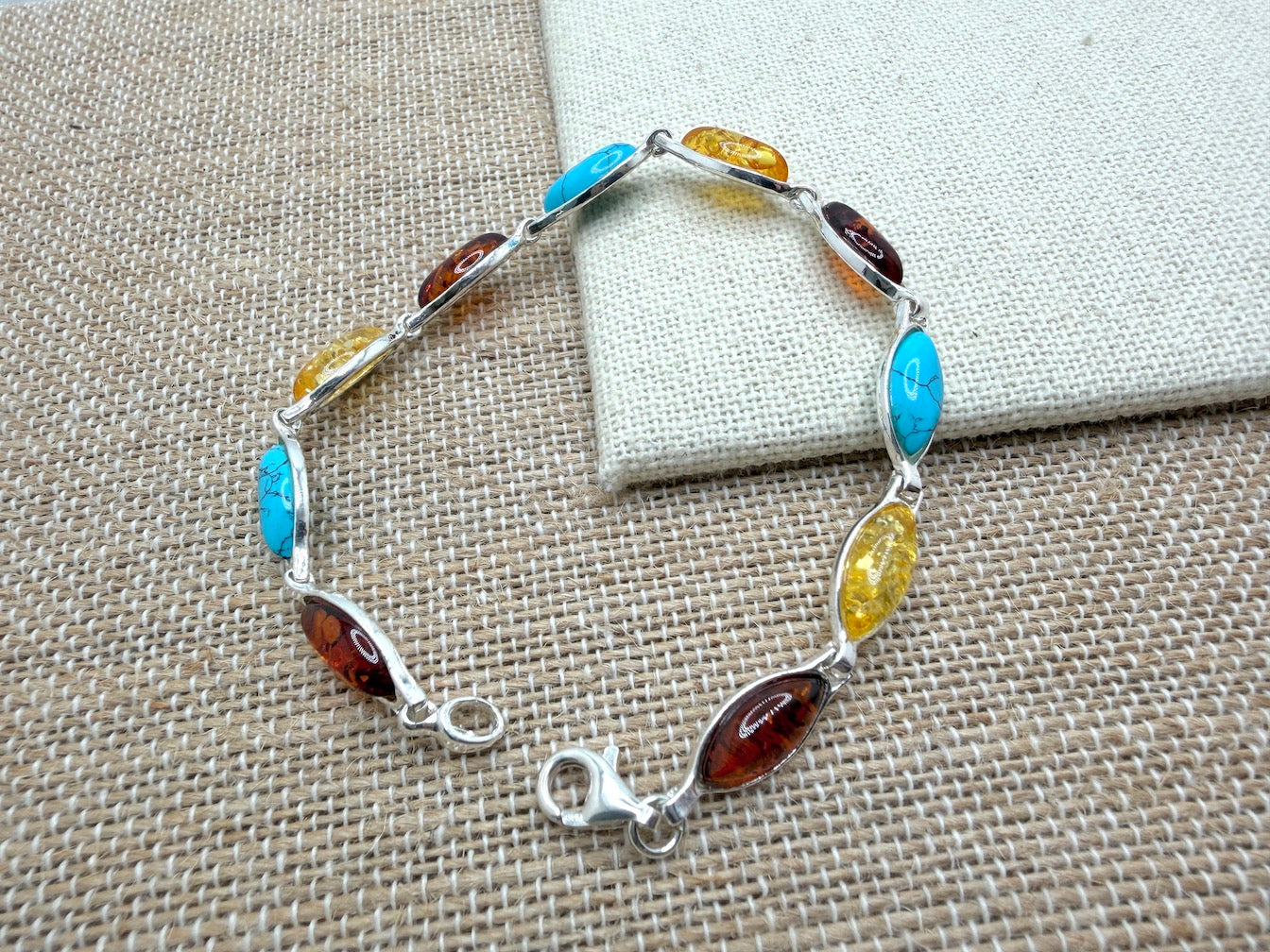 Sterling Silver Cognac & Lemon Baltic Amber with Turquoise Link Bracelet