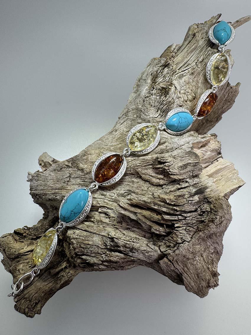 Sterling Silver Cognac & Lemon Baltic Amber with Turquoise Link Bracelet - 7"+ 1.5" Extension