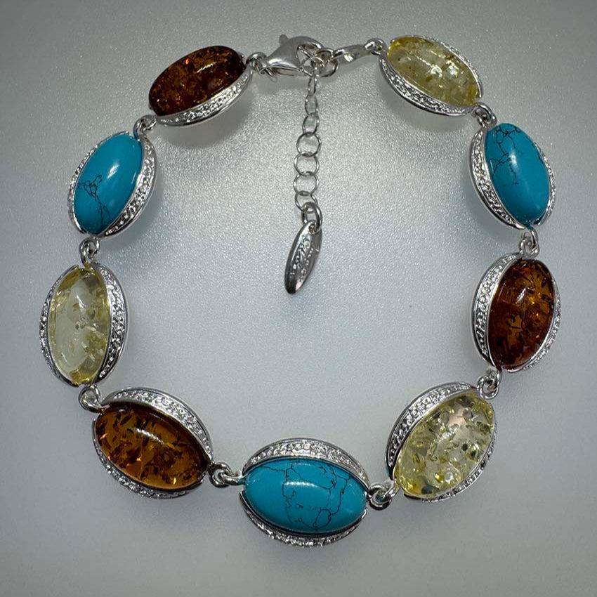 Sterling Silver Cognac & Lemon Baltic Amber with Turquoise Link Bracelet - 7"+ 1.5" Extension