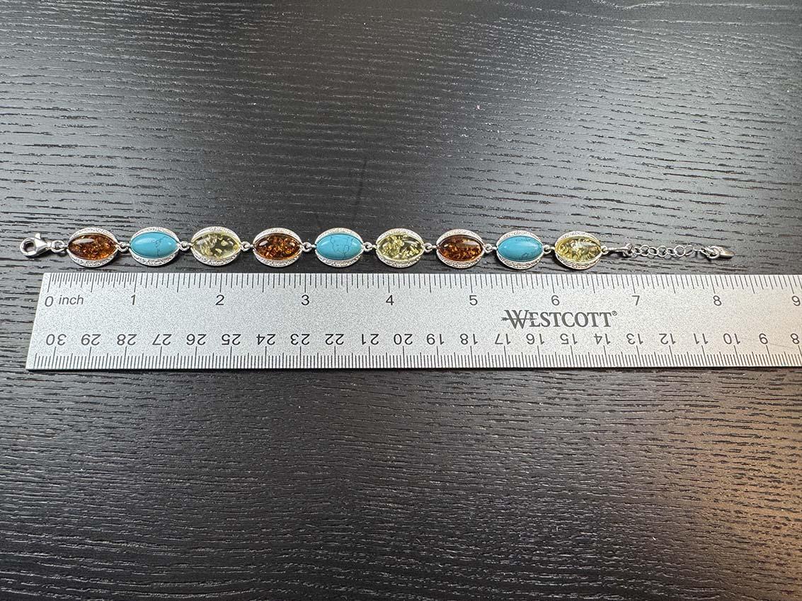 Sterling Silver Cognac & Lemon Baltic Amber with Turquoise Link Bracelet - 7"+ 1.5" Extension