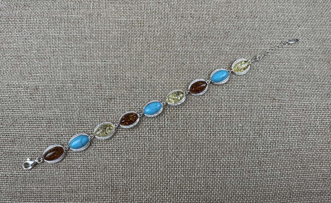 Sterling Silver Cognac & Lemon Baltic Amber with Turquoise Link Bracelet - 7"+ 1.5" Extension