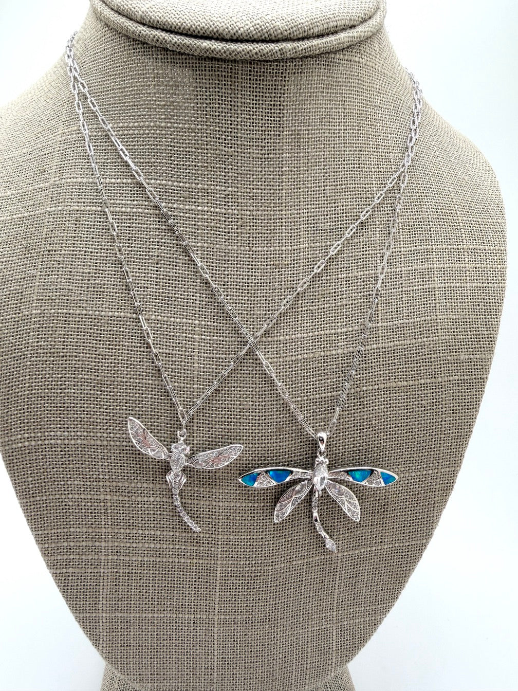Sterling Silver Dragonfly Necklace – CZ, Blue and White Opal – 18” Silver Chain Included
