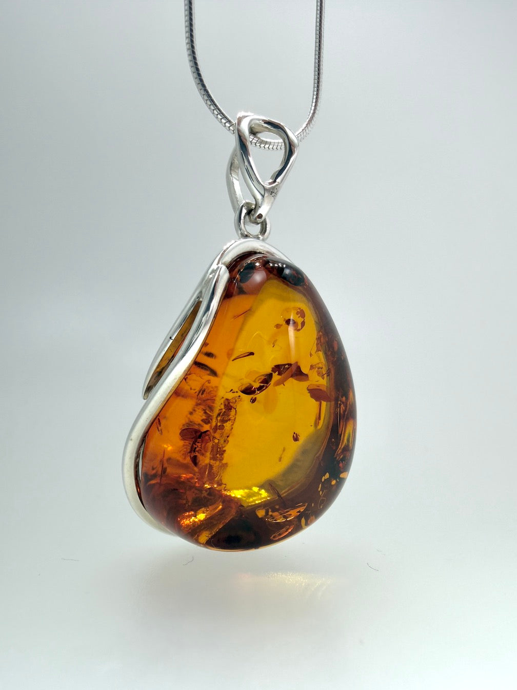 Sterling Silver Genuine Baltic Amber Organic Oval Pendant Necklace