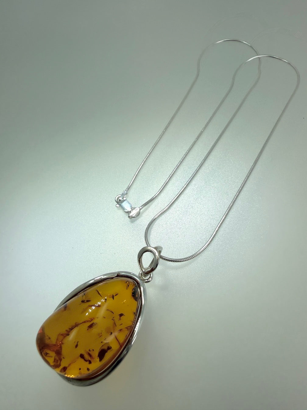 Sterling Silver Genuine Baltic Amber Organic Oval Pendant Necklace