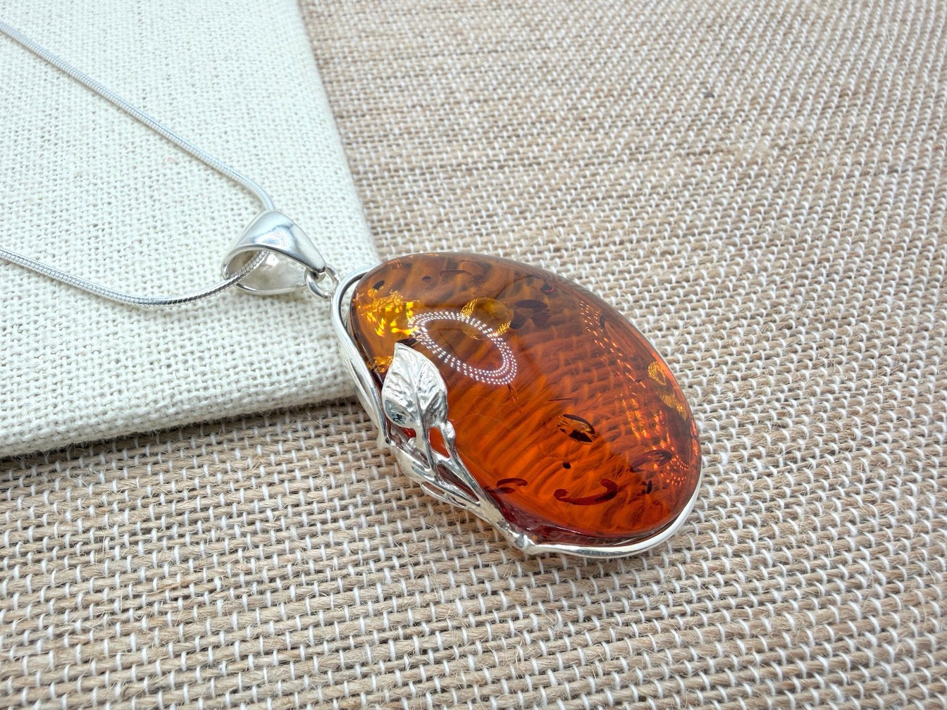 Handmade in Poland • Sterling Silver Genuine Baltic Amber Oversized Oval Pendant Necklace