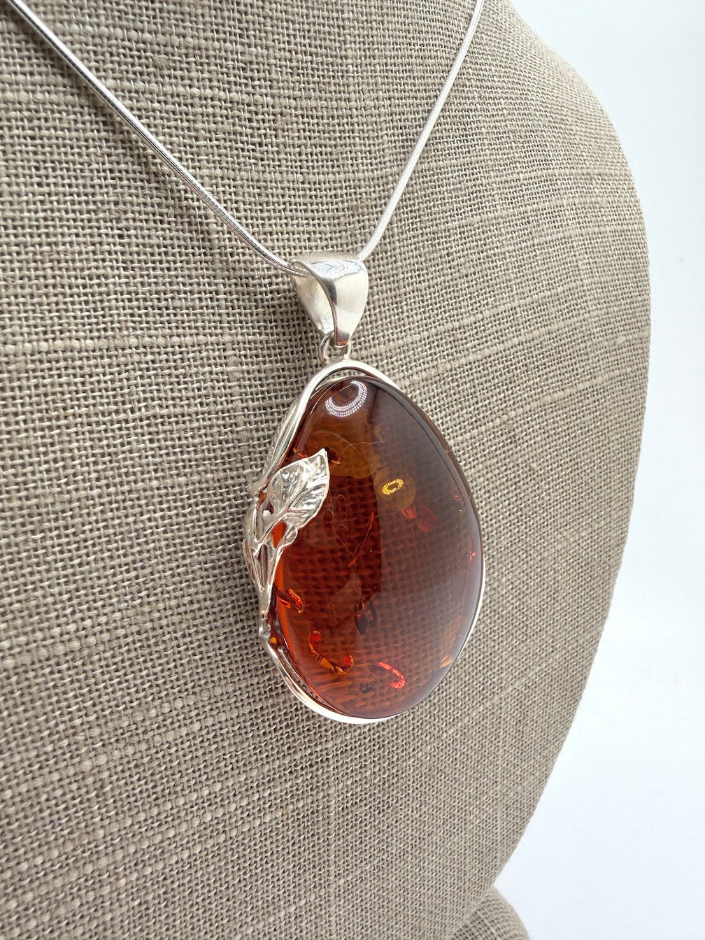 Handmade in Poland • Sterling Silver Genuine Baltic Amber Oversized Oval Pendant Necklace
