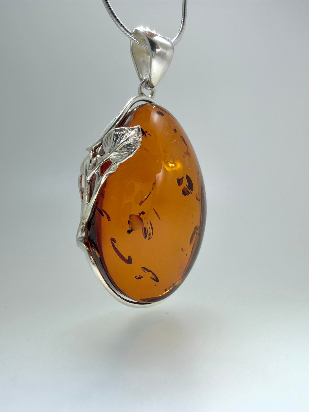 Handmade in Poland • Sterling Silver Genuine Baltic Amber Oversized Oval Pendant Necklace