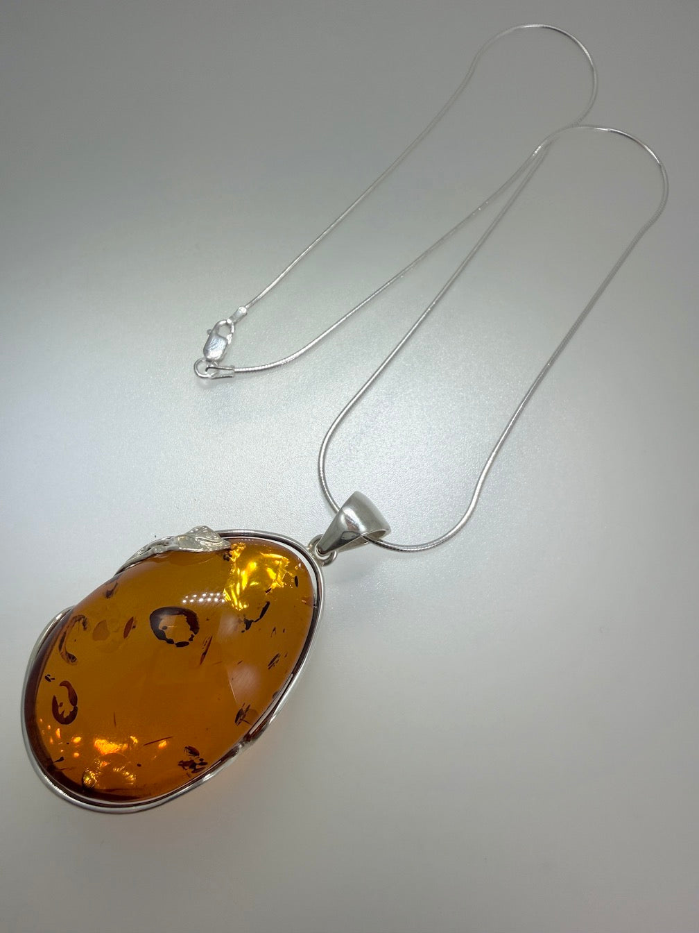 Handmade in Poland • Sterling Silver Genuine Baltic Amber Oversized Oval Pendant Necklace