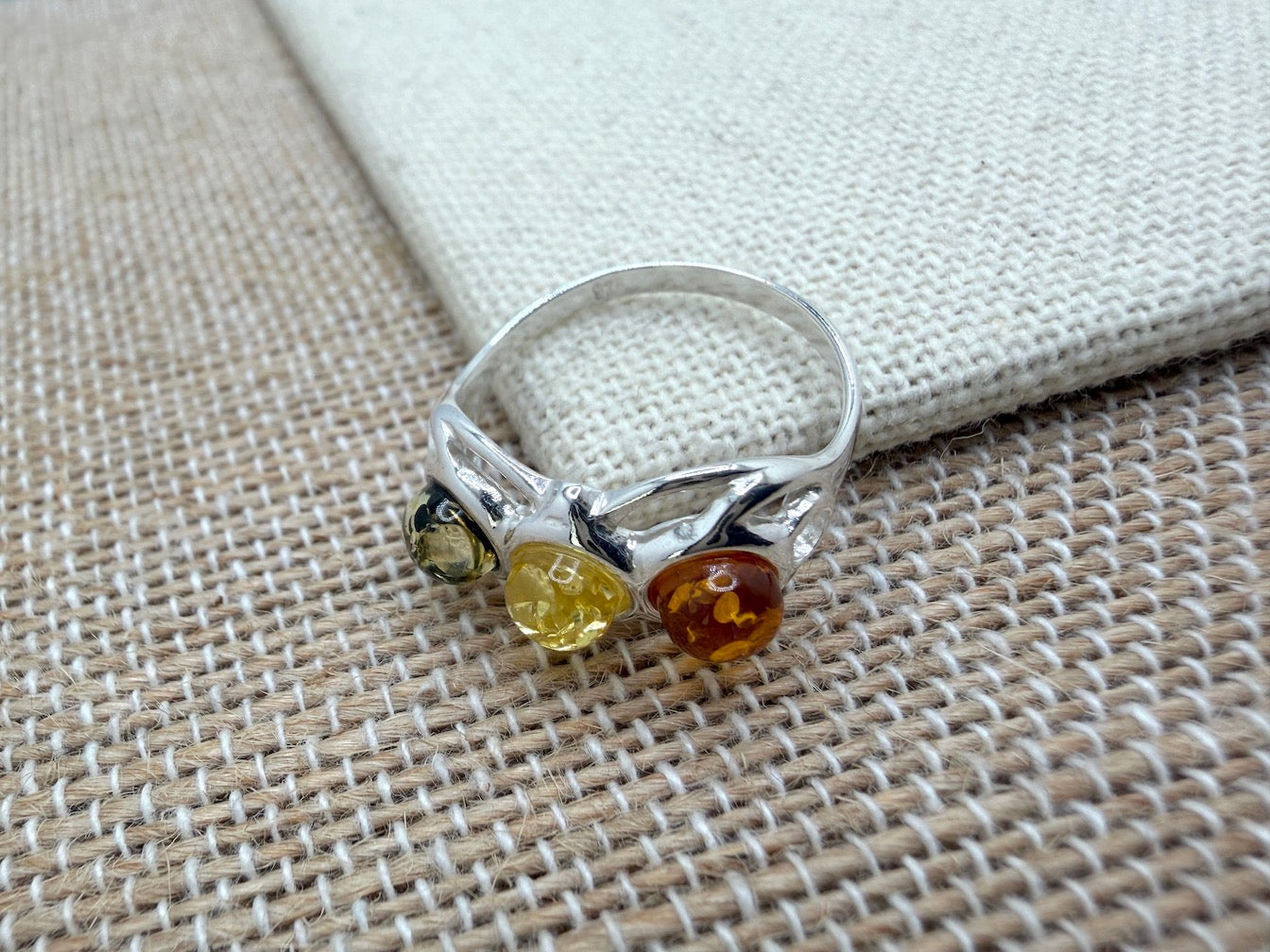 Sterling Silver Genuine Baltic Amber Three Stone Band Ring – Swirl Floral Design