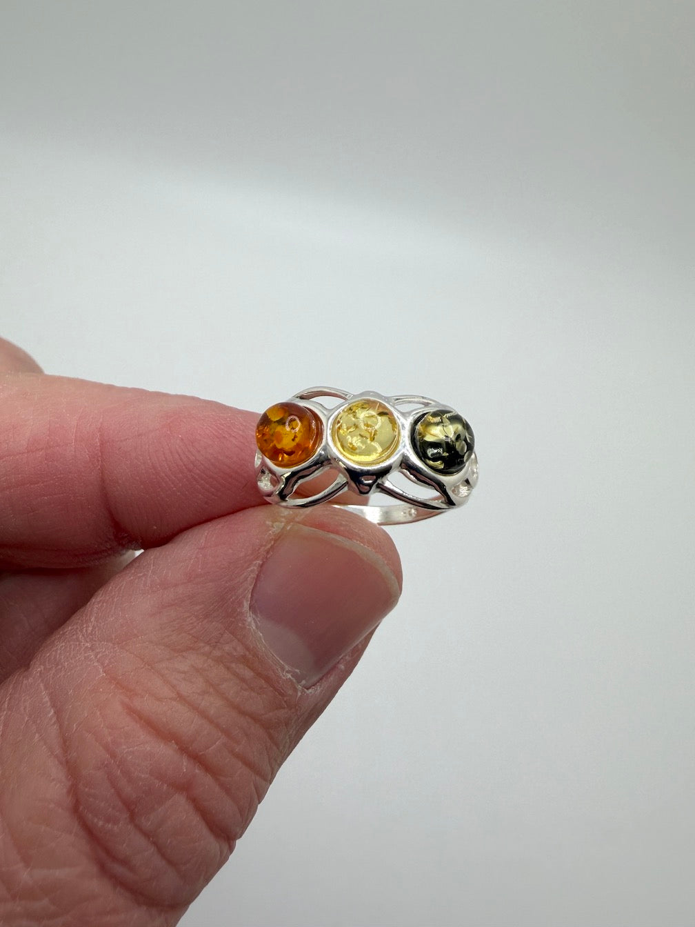 Sterling Silver Genuine Baltic Amber Three Stone Band Ring – Swirl Floral Design