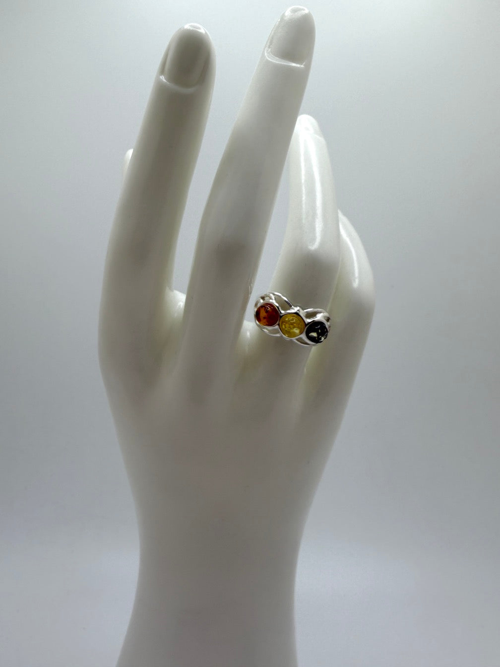 Sterling Silver Genuine Baltic Amber Three Stone Band Ring – Swirl Floral Design