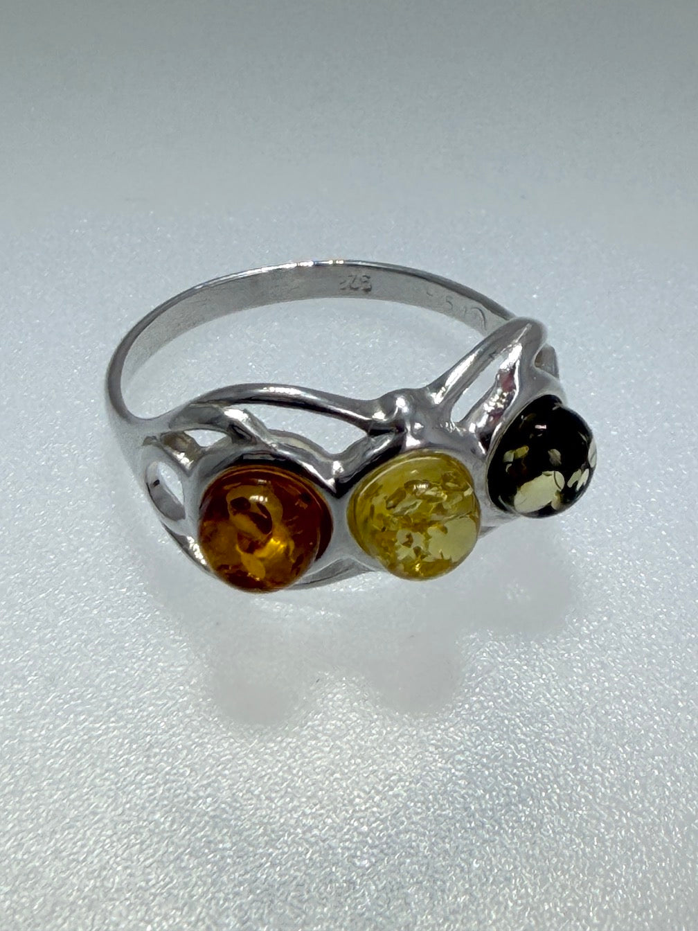 Sterling Silver Genuine Baltic Amber Three Stone Band Ring – Swirl Floral Design
