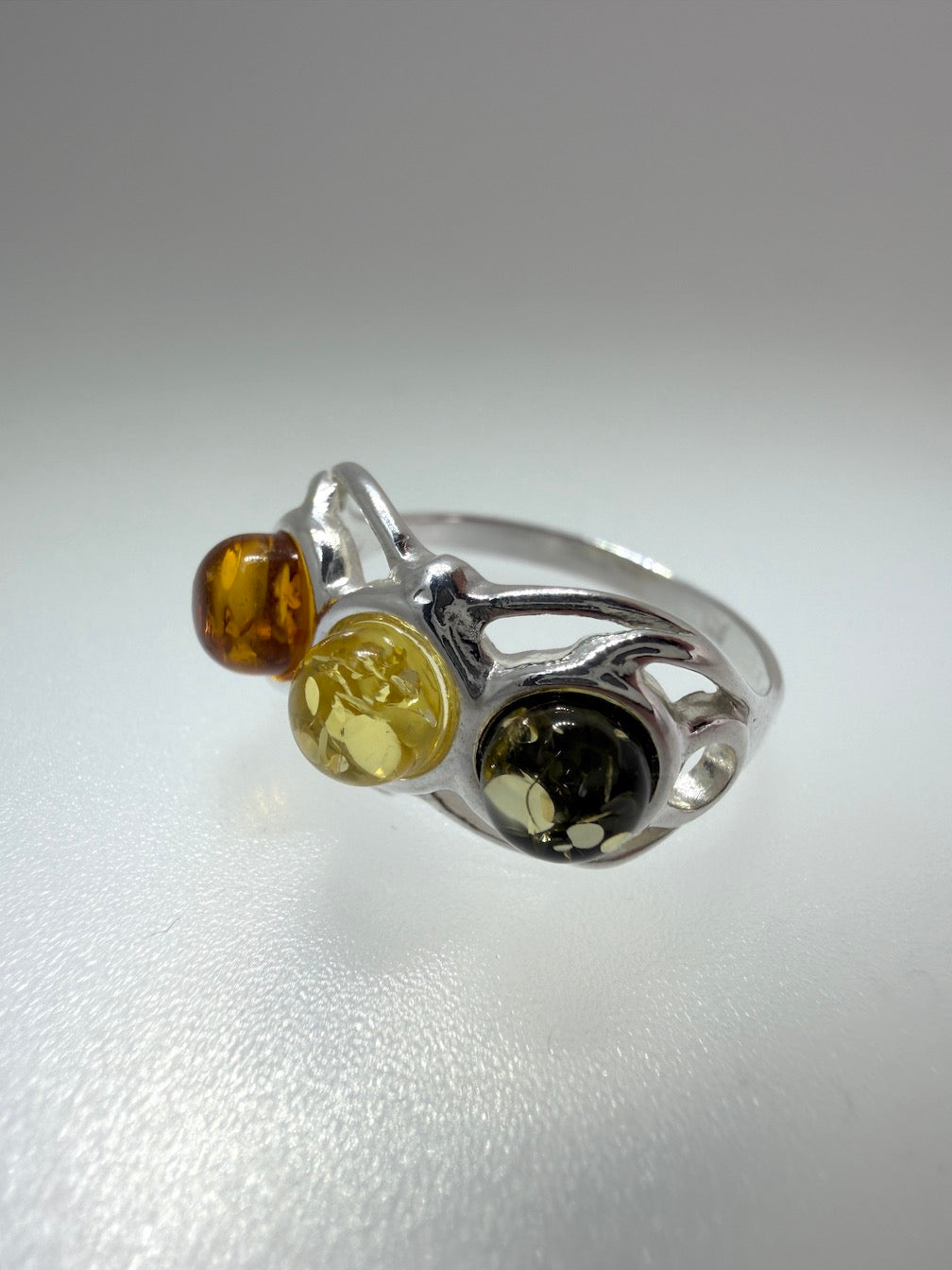 Sterling Silver Genuine Baltic Amber Three Stone Band Ring – Swirl Floral Design