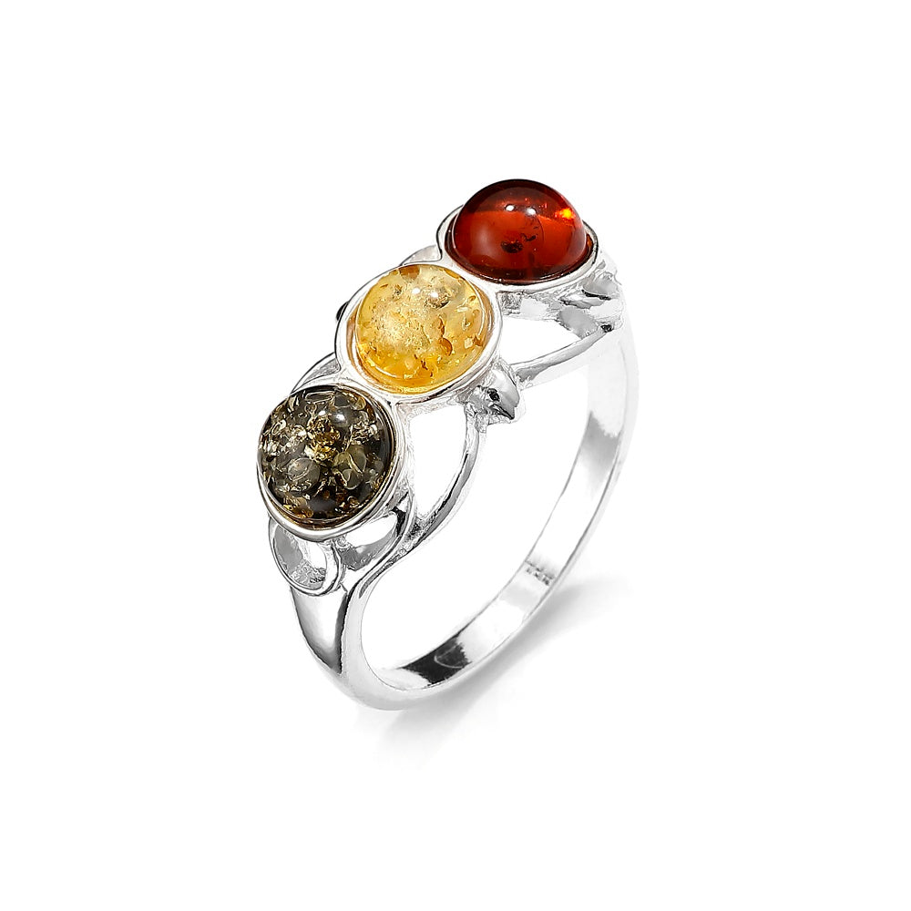 Sterling Silver Genuine Baltic Amber Three Stone Band Ring – Swirl Floral Design