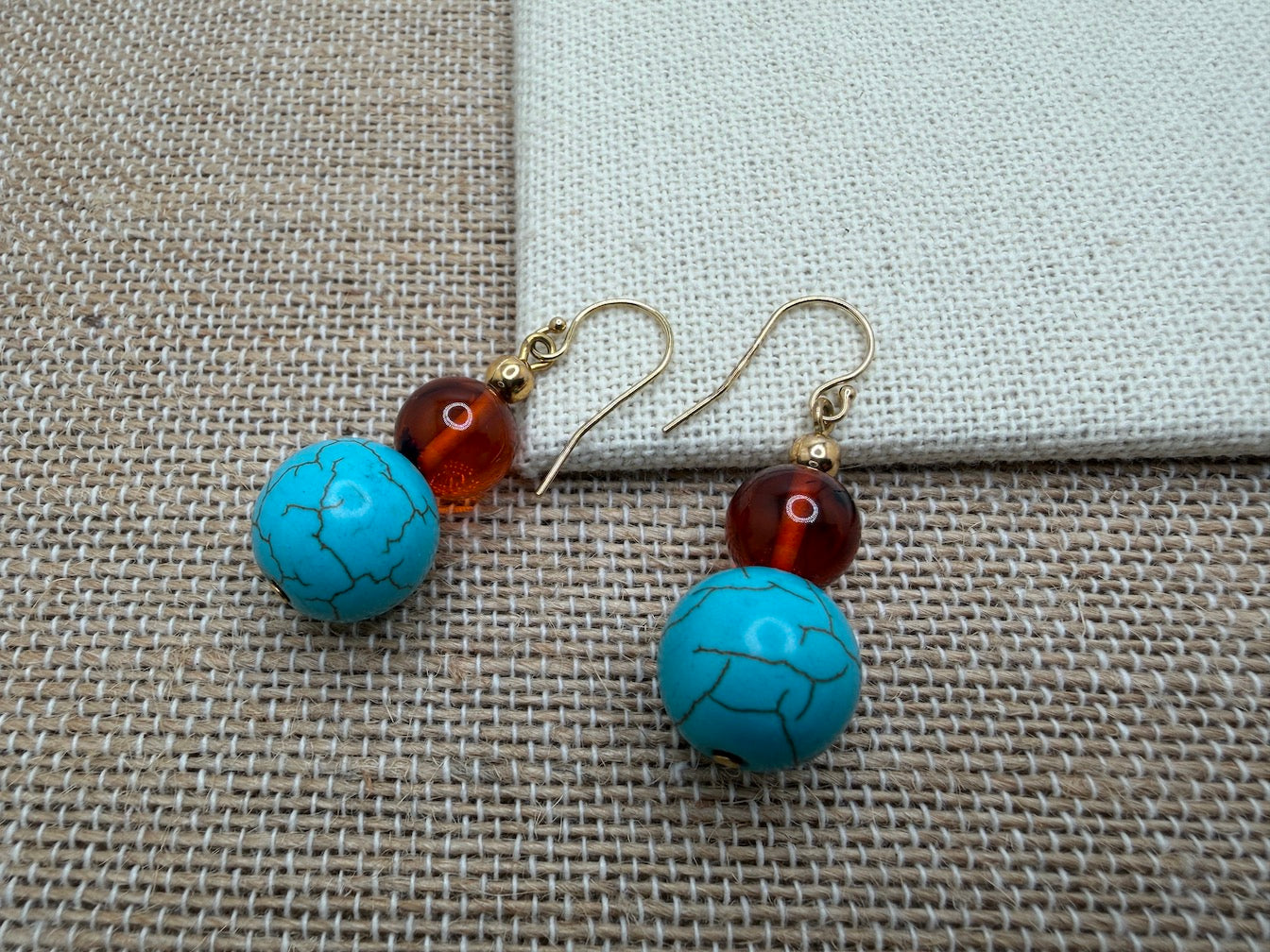 Sterling Silver Genuine Baltic Amber & Turquoise Howlite Drop Lever-Back Earrings