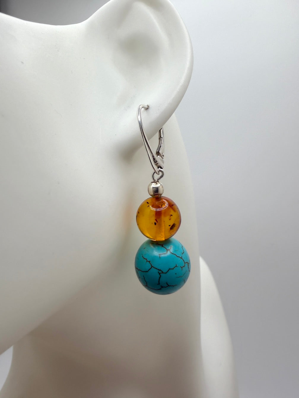 Sterling Silver Genuine Baltic Amber & Turquoise Howlite Drop Lever-Back Earrings