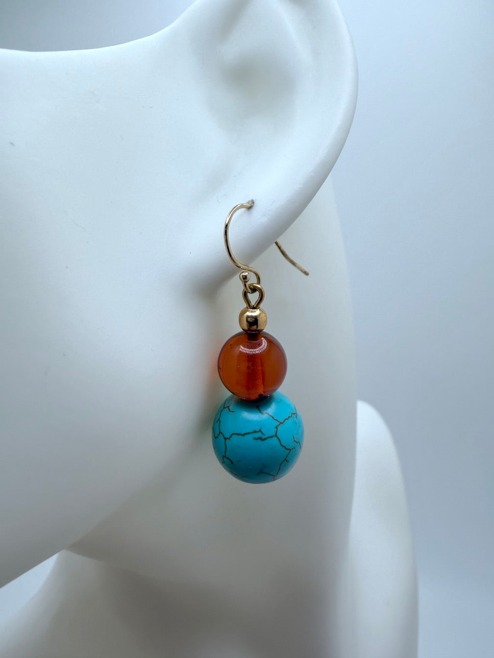 Sterling Silver Genuine Baltic Amber & Turquoise Howlite Drop Lever-Back Earrings
