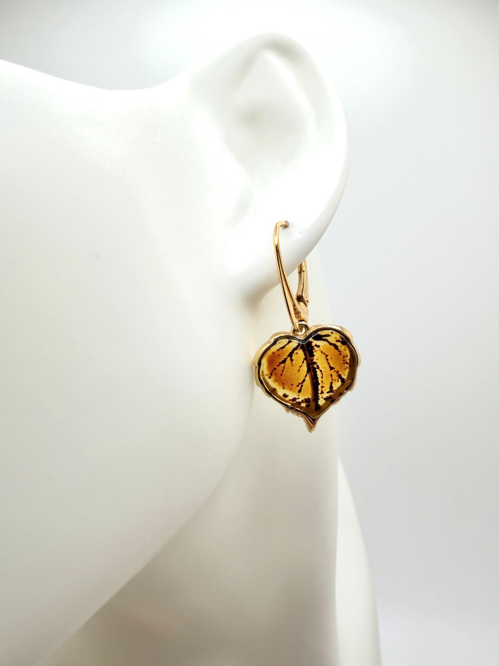 Gold-Plated Sterling Silver Baltic Amber Leaf Earrings | Handmade in Poland | Honey Amber Lever Back Drops