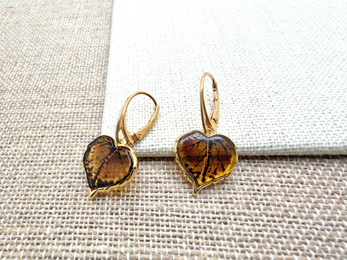Gold-Plated Sterling Silver Baltic Amber Leaf Earrings | Handmade in Poland | Honey Amber Lever Back Drops