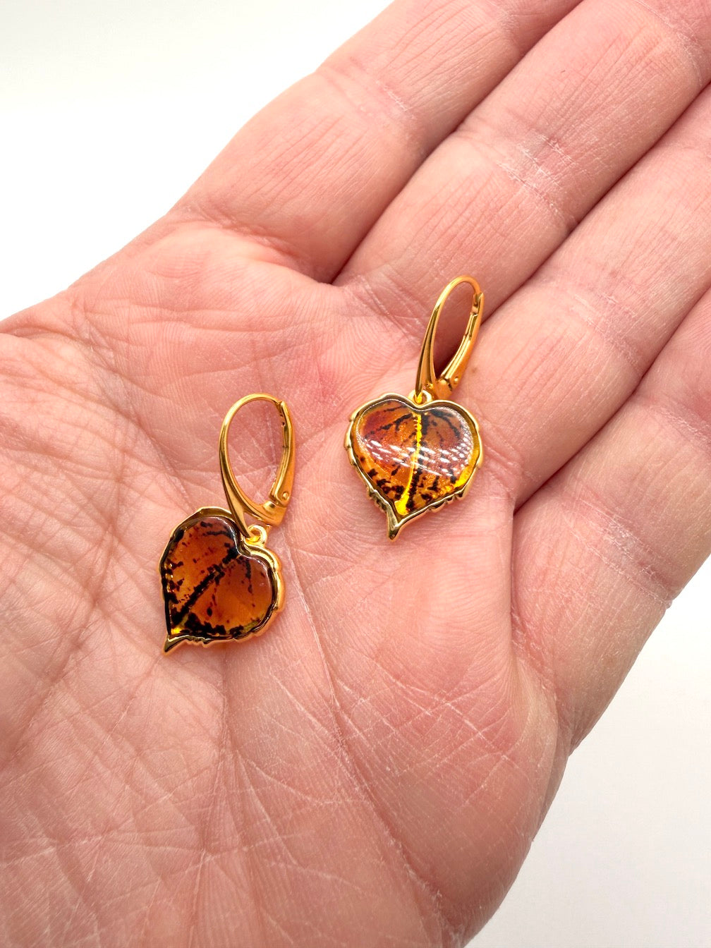 Gold-Plated Sterling Silver Baltic Amber Leaf Earrings | Handmade in Poland | Honey Amber Lever Back Drops