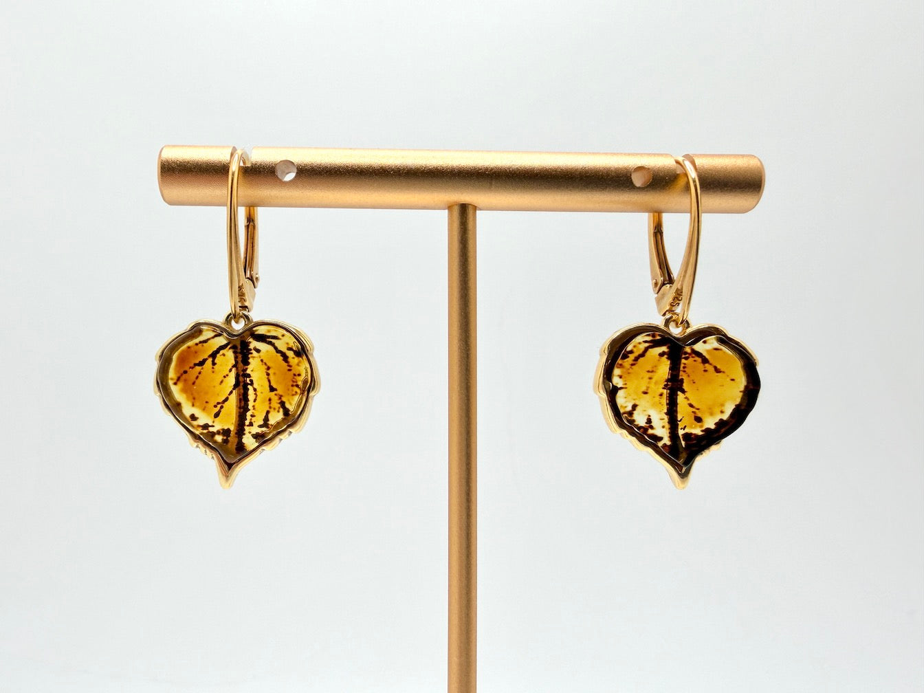 Gold-Plated Sterling Silver Baltic Amber Leaf Earrings | Handmade in Poland | Honey Amber Lever Back Drops