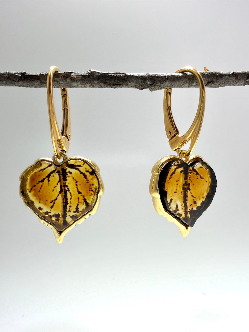 Gold-Plated Sterling Silver Baltic Amber Leaf Earrings | Handmade in Poland | Honey Amber Lever Back Drops