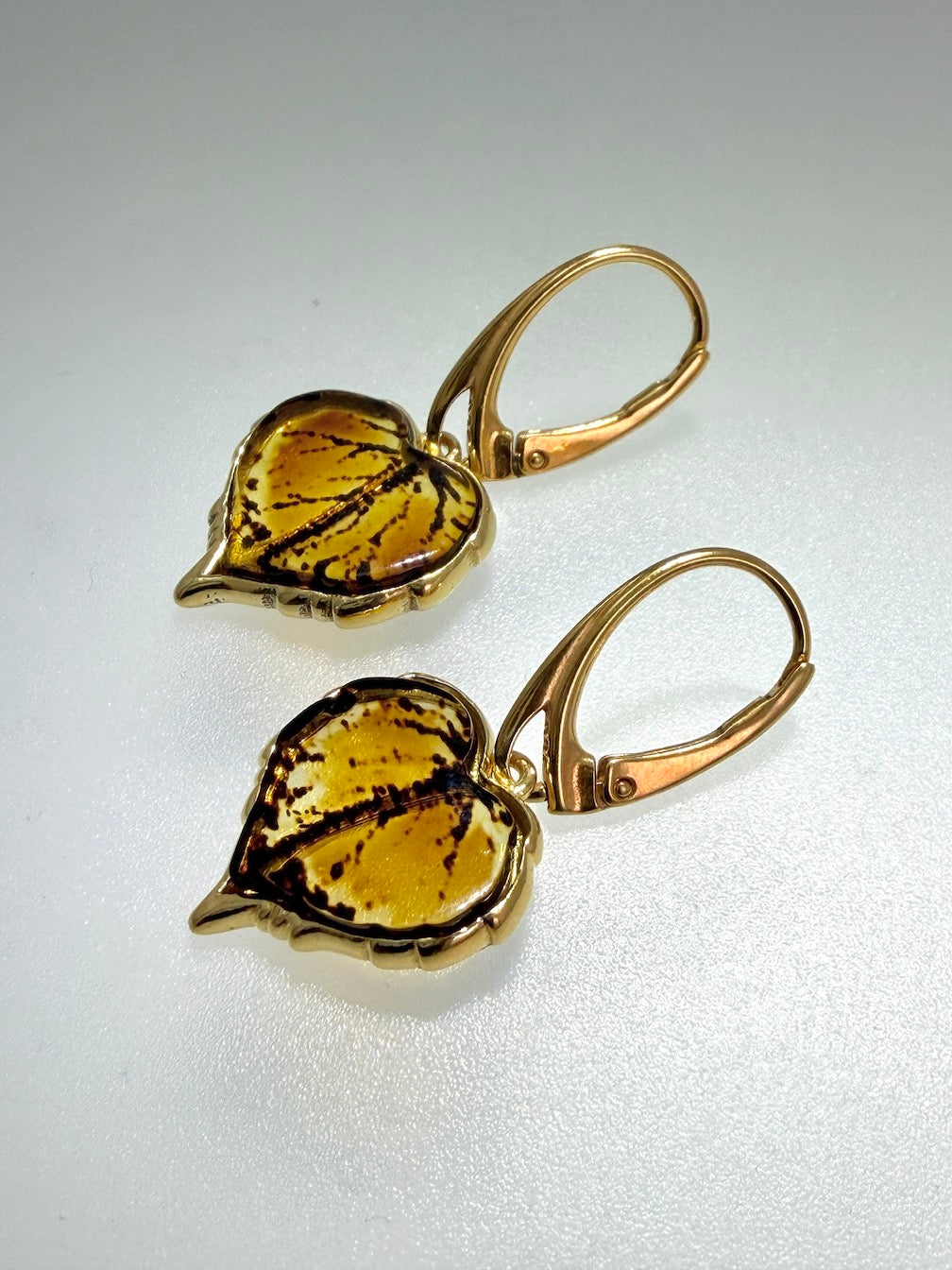 Gold-Plated Sterling Silver Baltic Amber Leaf Earrings | Handmade in Poland | Honey Amber Lever Back Drops