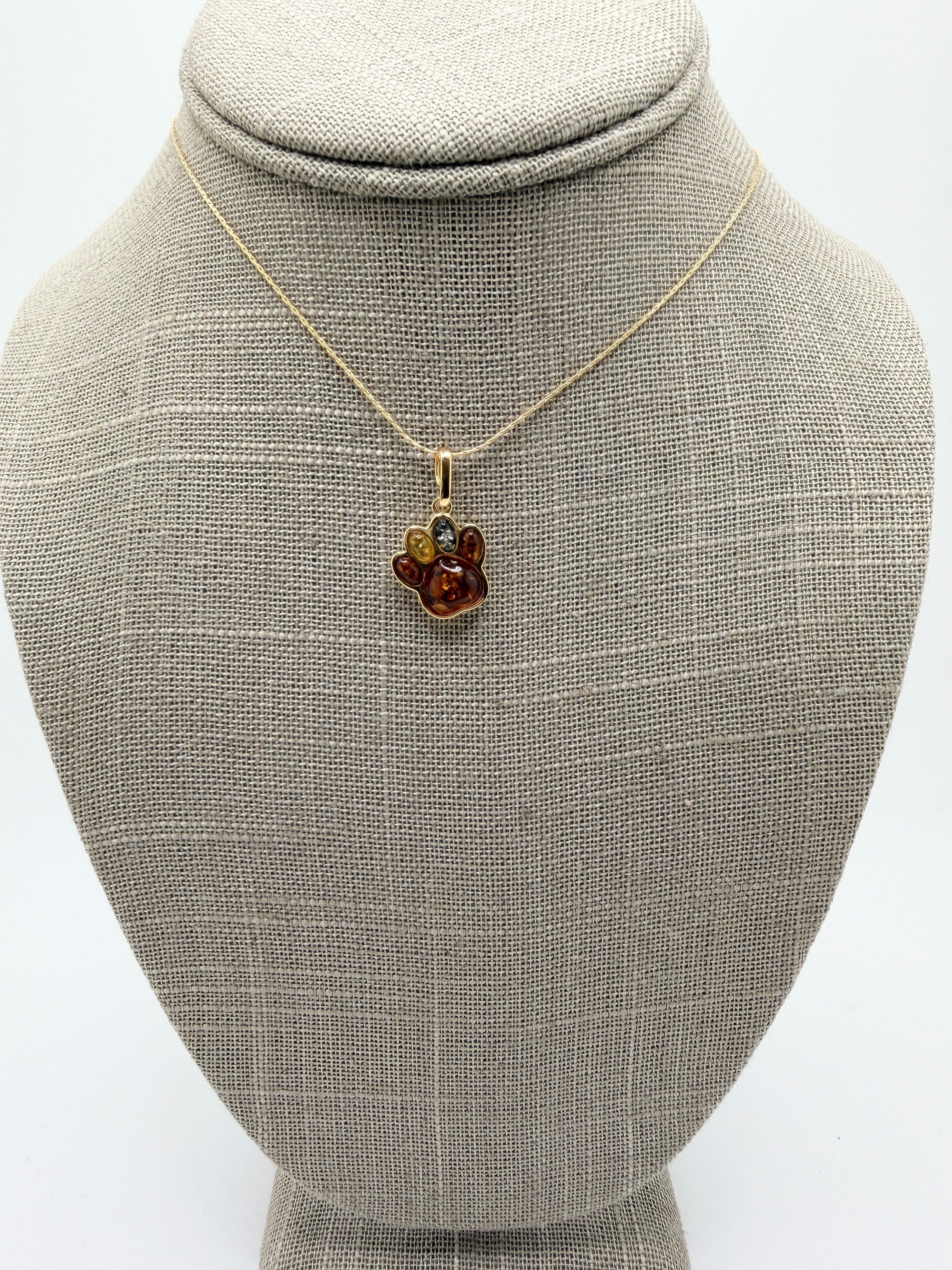 Sterling Silver Gold Plated Multicolor Baltic Amber Dog Paw Pendant Necklace | Handmade in Poland Pet Lover Gift