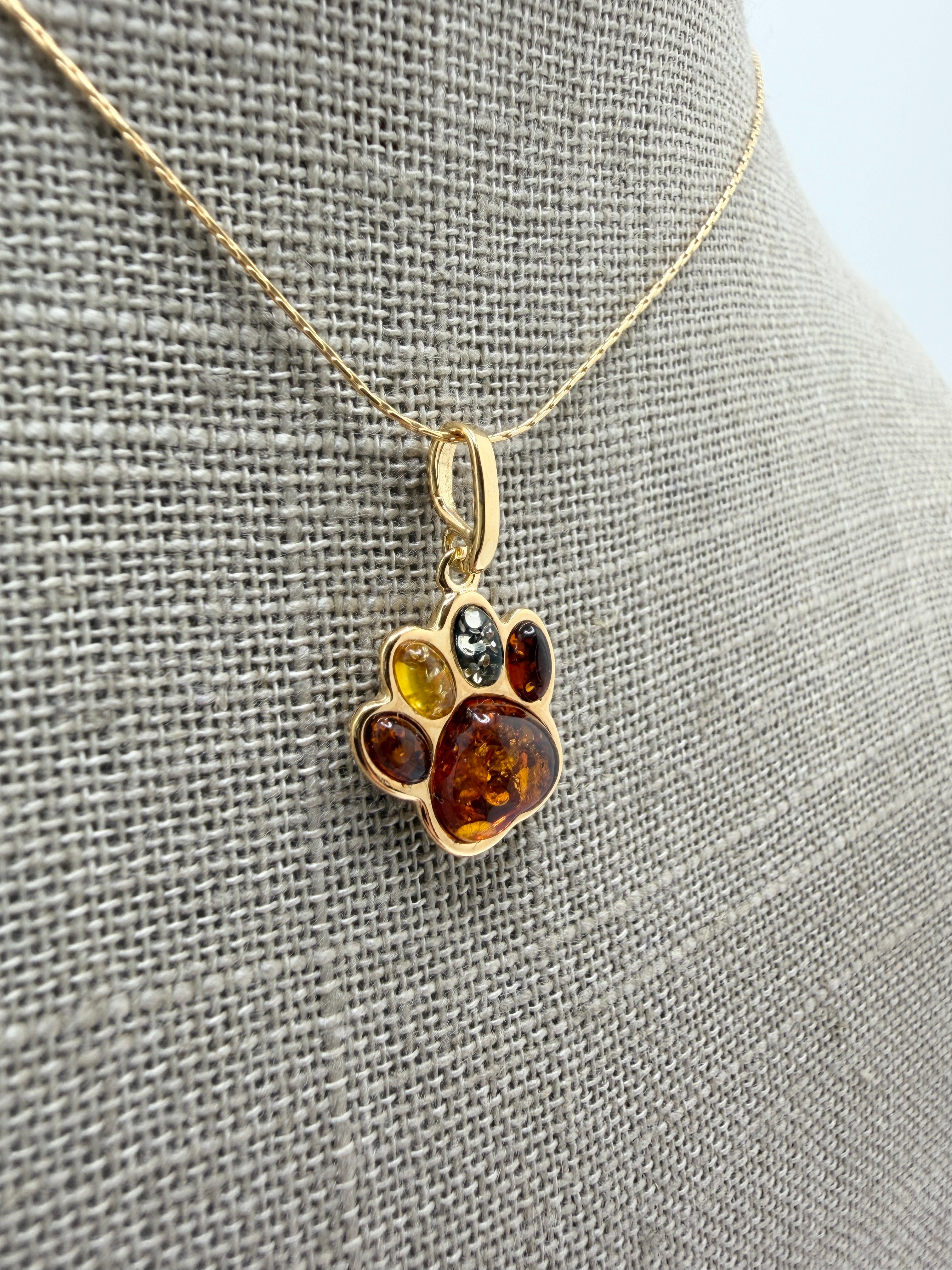 Sterling Silver Gold Plated Multicolor Baltic Amber Dog Paw Pendant Necklace | Handmade in Poland Pet Lover Gift