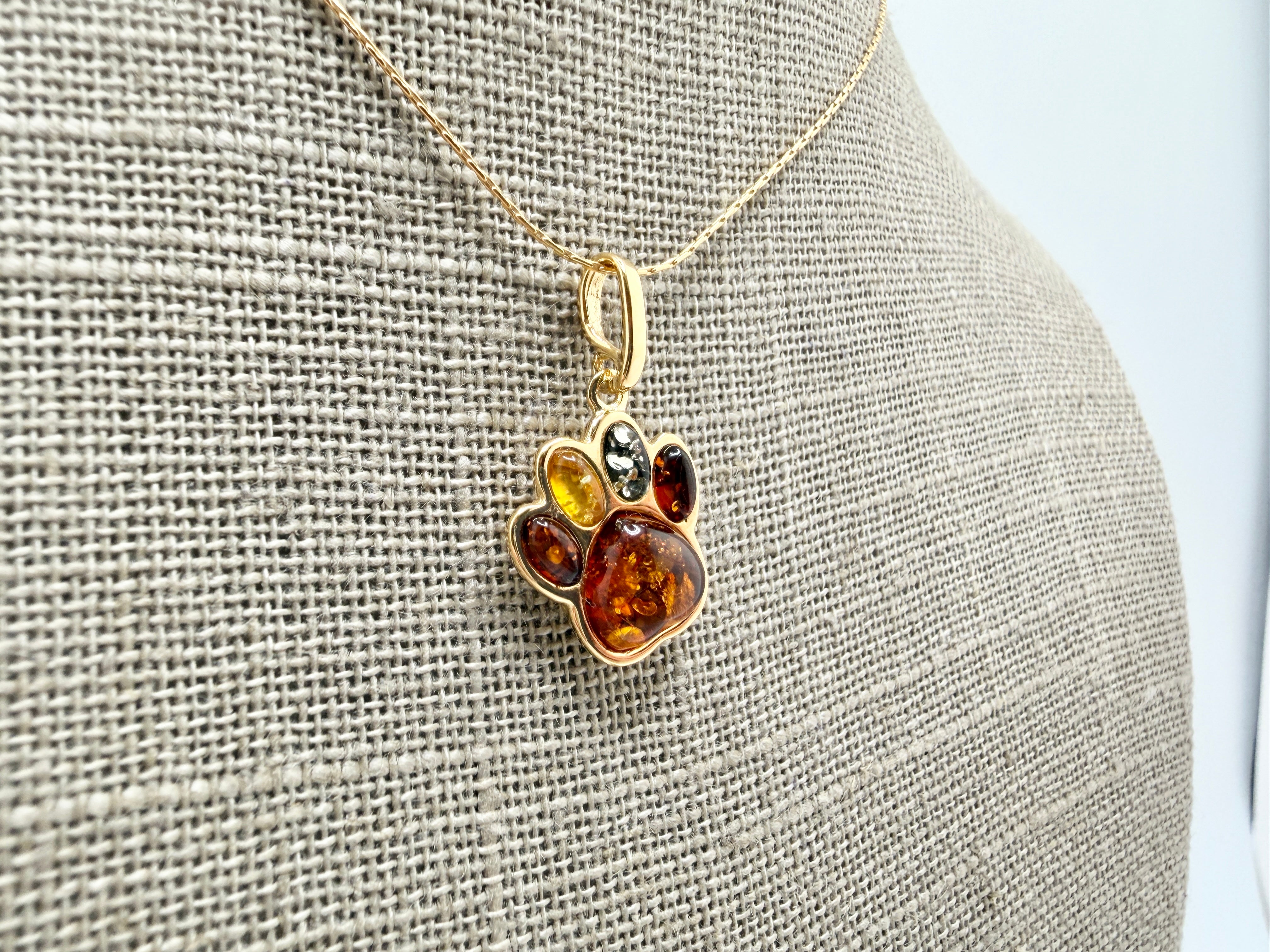 Sterling Silver Gold Plated Multicolor Baltic Amber Dog Paw Pendant Necklace | Handmade in Poland Pet Lover Gift