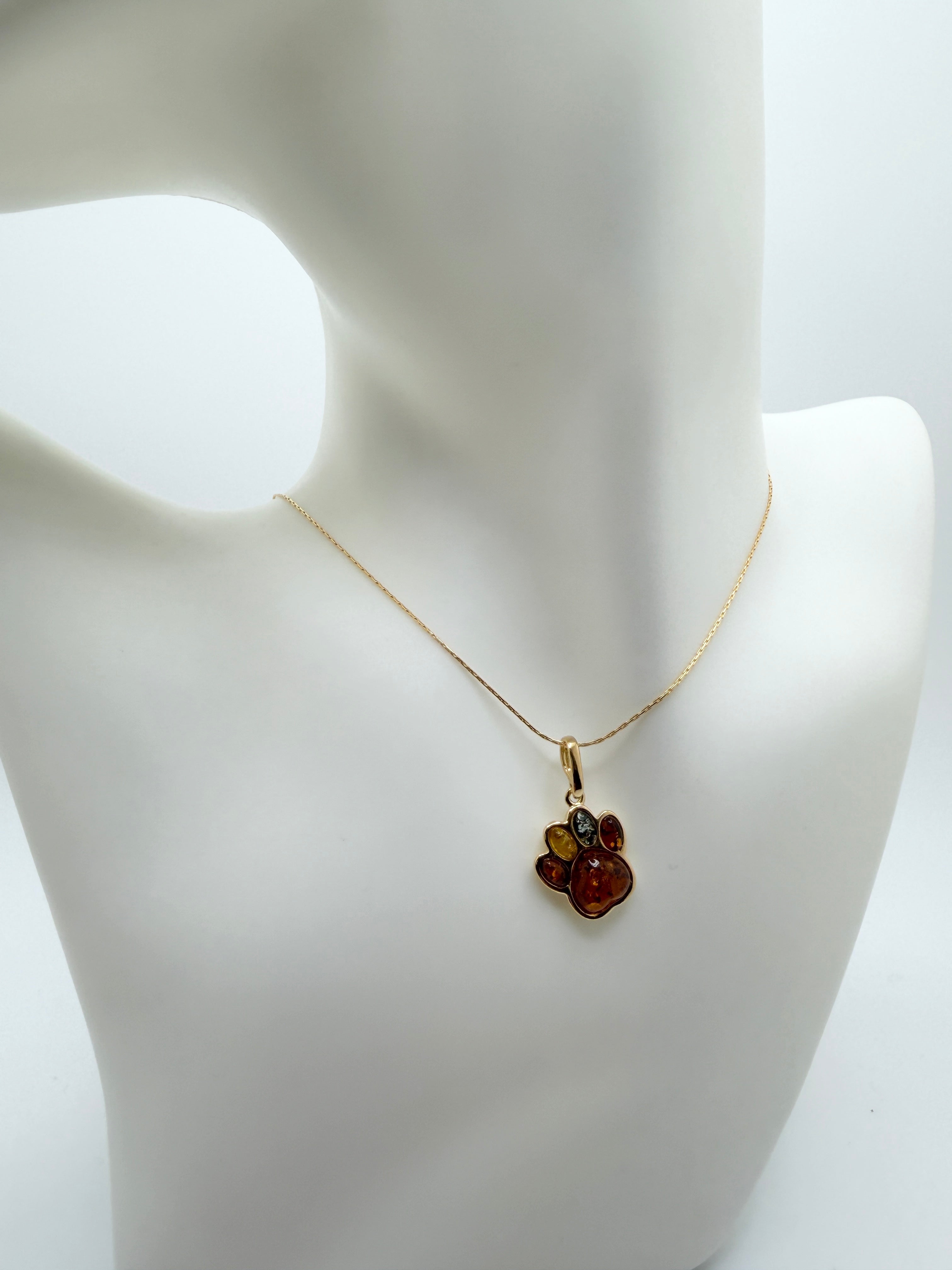 Sterling Silver Gold Plated Multicolor Baltic Amber Dog Paw Pendant Necklace | Handmade in Poland Pet Lover Gift