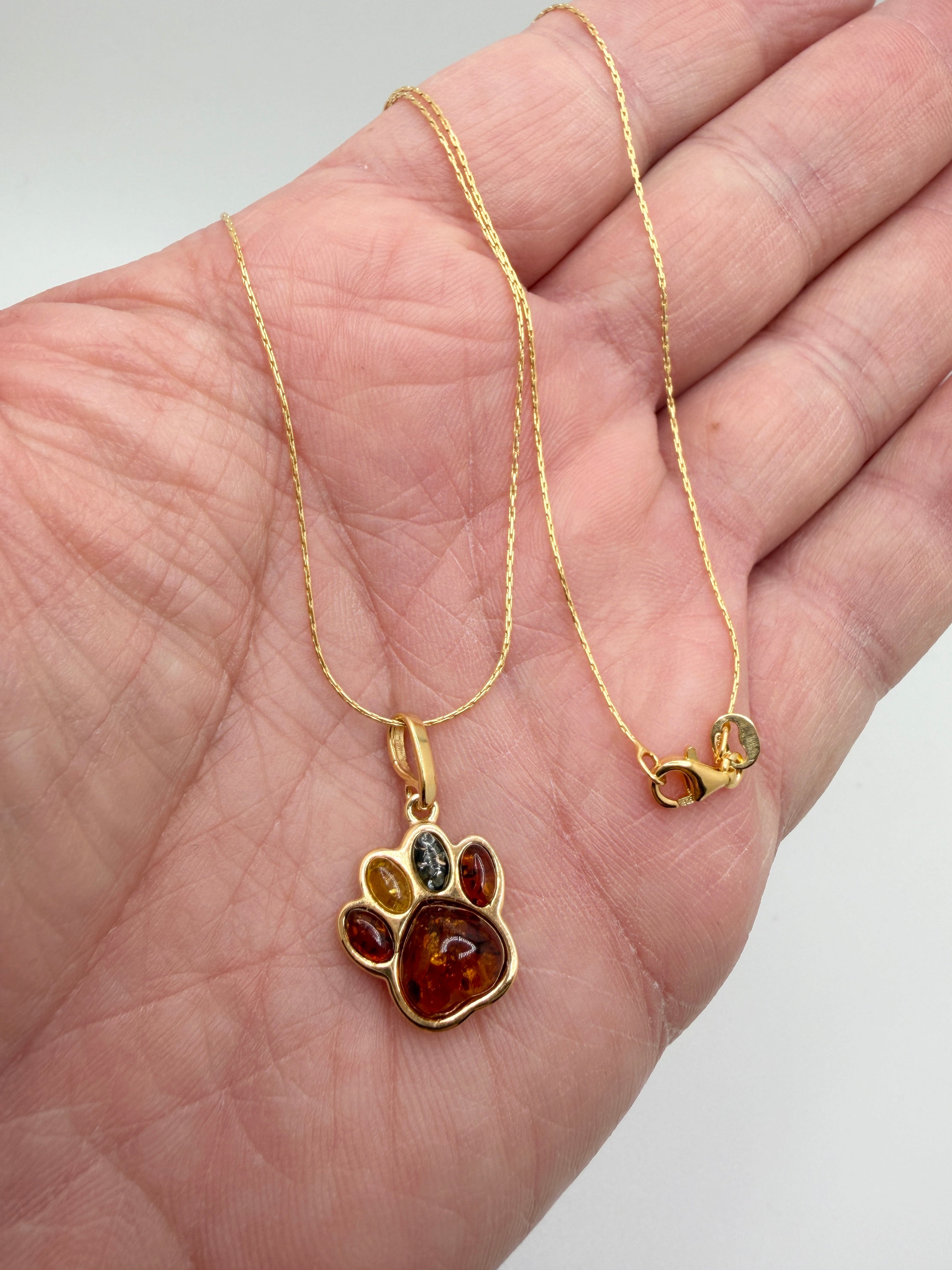 Sterling Silver Gold Plated Multicolor Baltic Amber Dog Paw Pendant Necklace | Handmade in Poland Pet Lover Gift