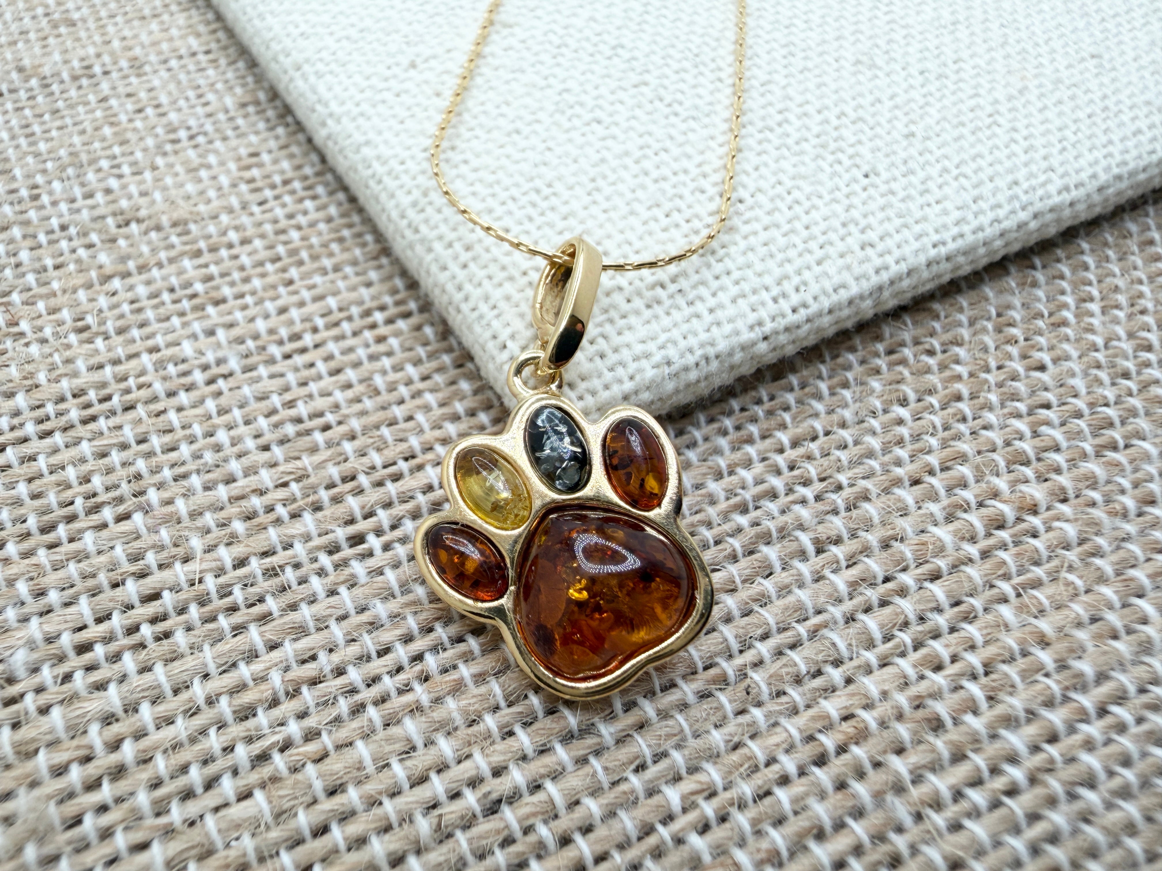 Sterling Silver Gold Plated Multicolor Baltic Amber Dog Paw Pendant Necklace | Handmade in Poland Pet Lover Gift