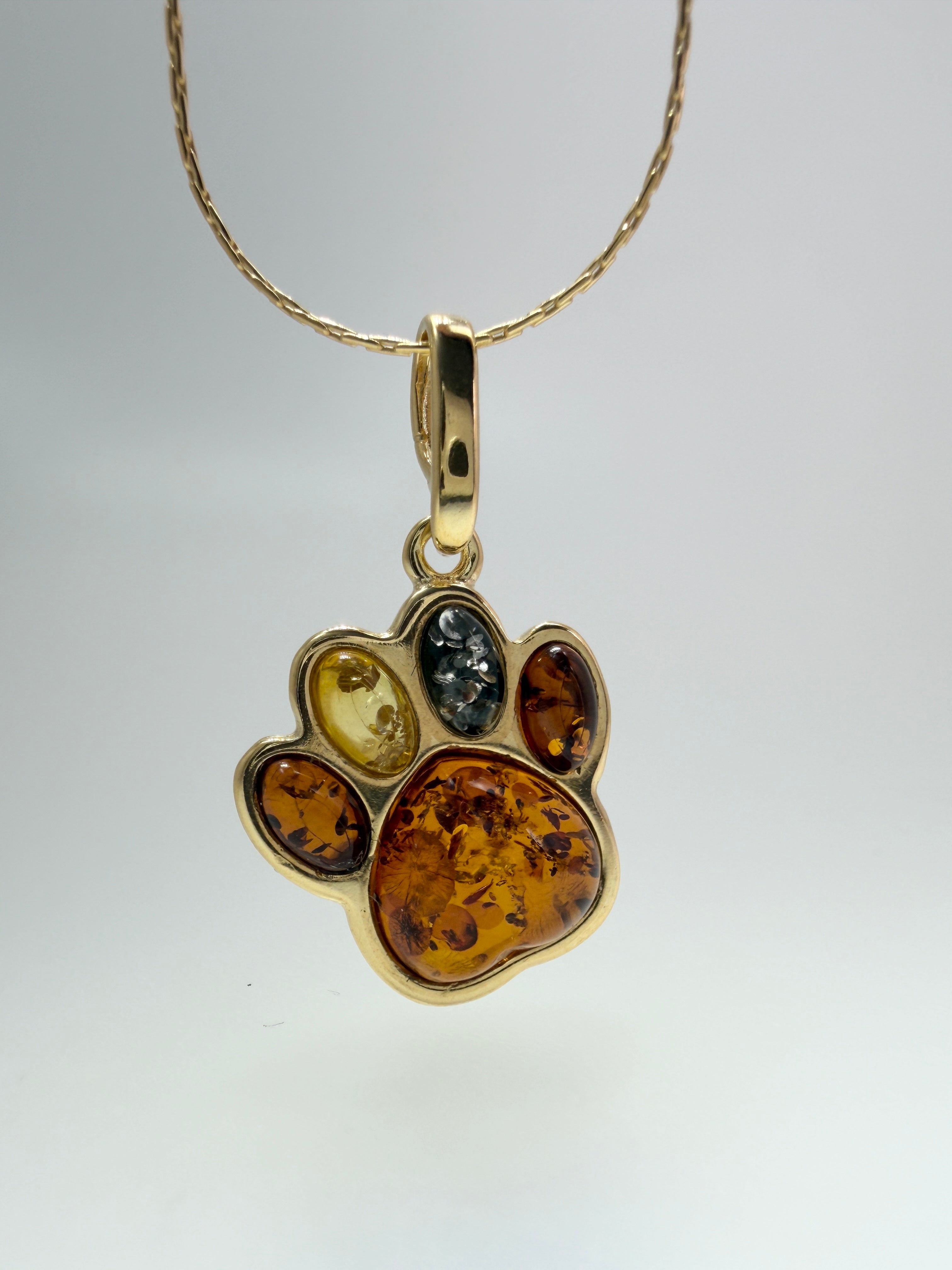 Sterling Silver Gold Plated Multicolor Baltic Amber Dog Paw Pendant Necklace | Handmade in Poland Pet Lover Gift