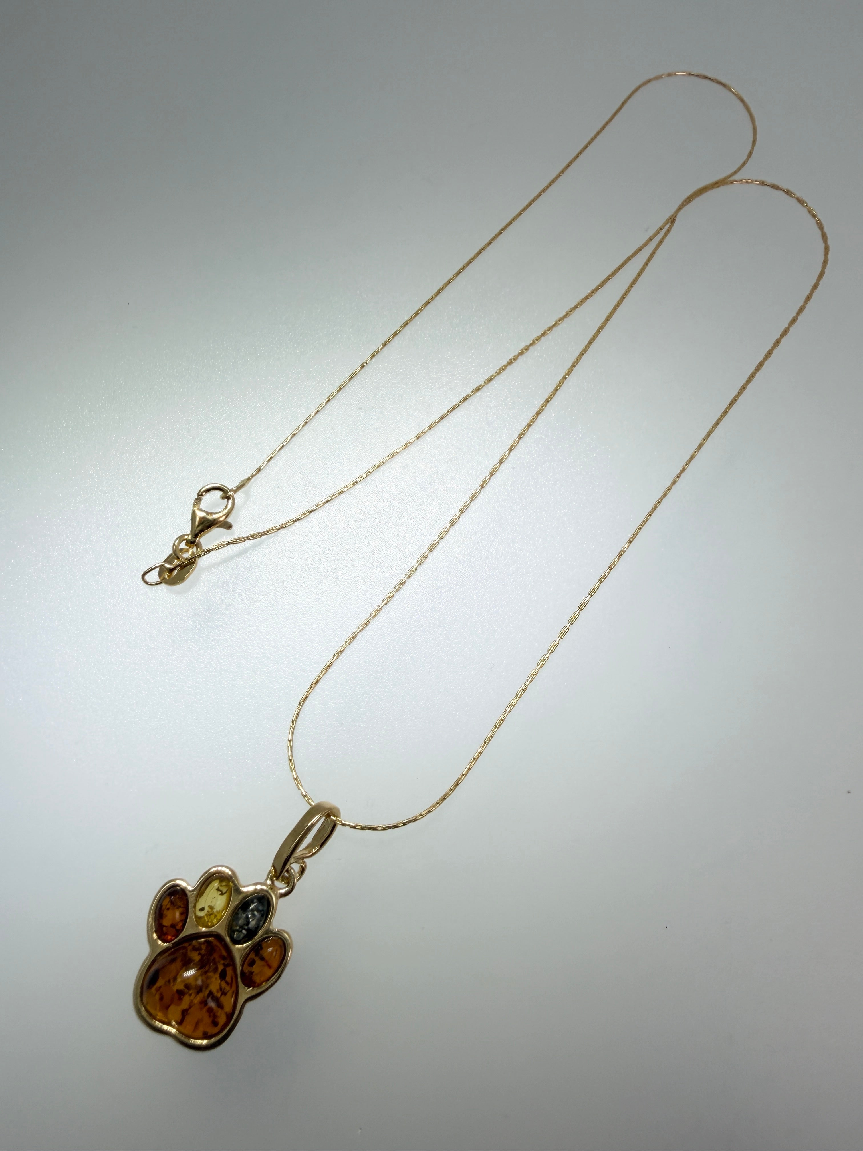 Sterling Silver Gold Plated Multicolor Baltic Amber Dog Paw Pendant Necklace | Handmade in Poland Pet Lover Gift
