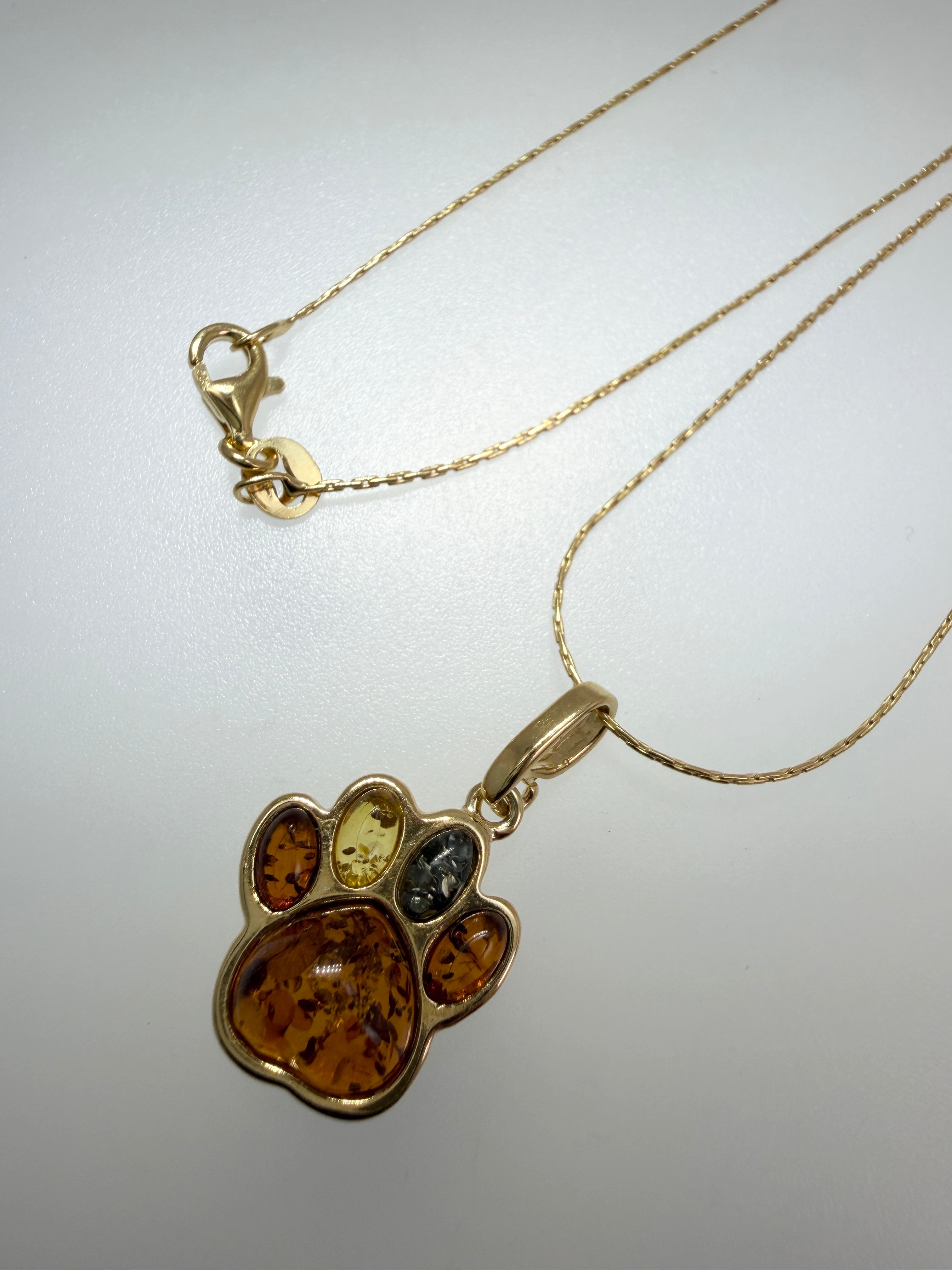 Sterling Silver Gold Plated Multicolor Baltic Amber Dog Paw Pendant Necklace | Handmade in Poland Pet Lover Gift