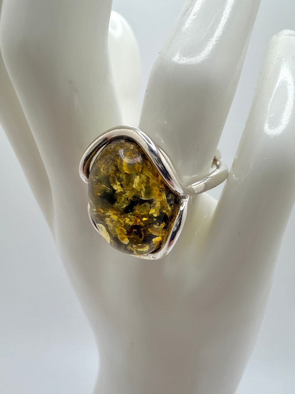 Sterling Silver Green Baltic Amber Adjustable Size Ring