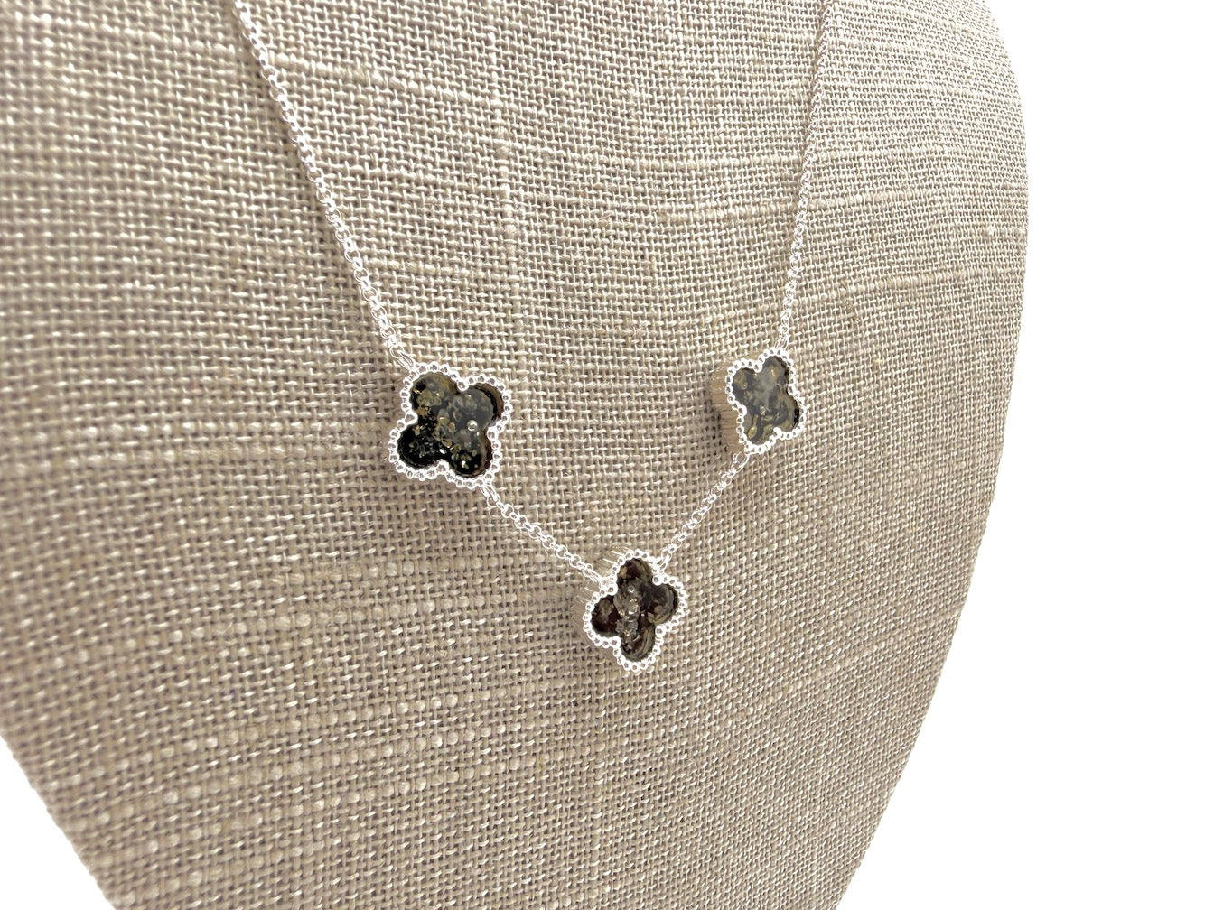 Sterling Silver Green Baltic Amber Clover Necklace & Earrings Set – Handmade in Poland