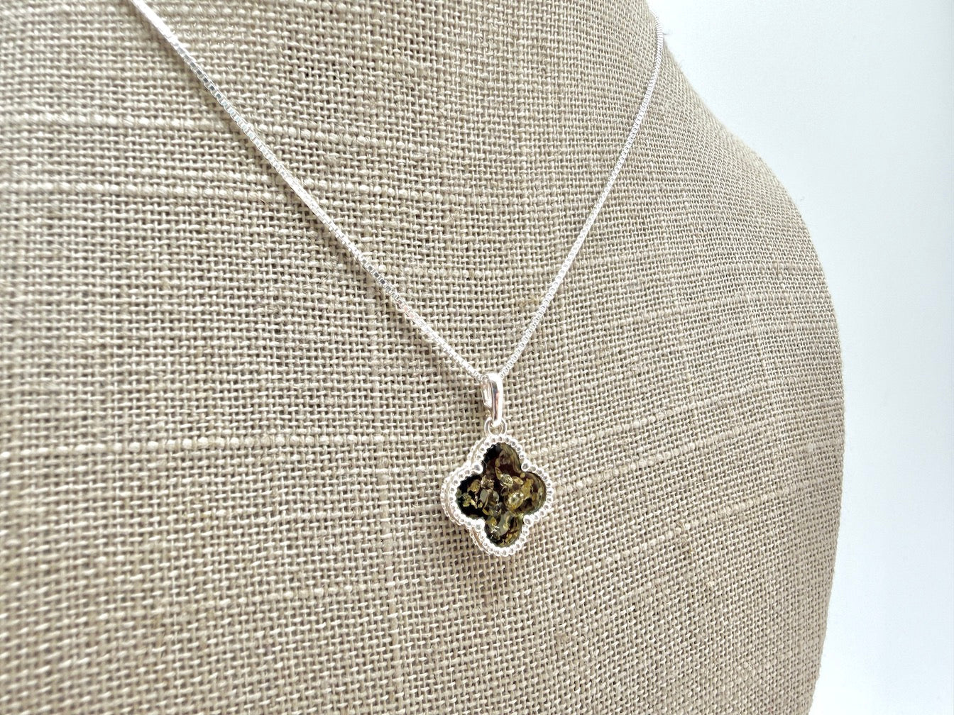 Sterling Silver Green Baltic Amber Clover Necklace & Earrings Set – Handmade in Poland