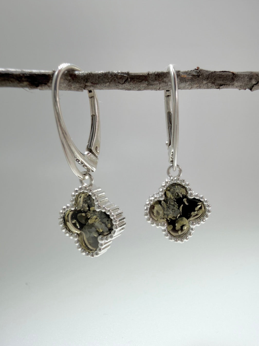 Sterling Silver Green Baltic Amber Clover Necklace & Earrings Set – Handmade in Poland