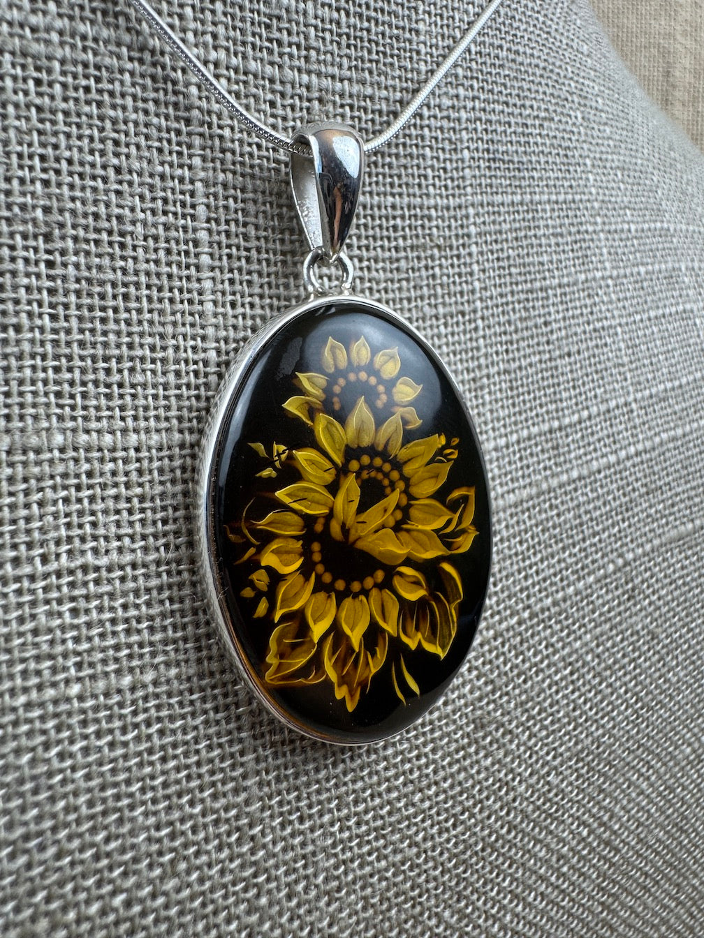 Sterling Silver Hand Carved Baltic Amber Cameo Sunflower Pendant – Genuine Handmade in Poland Intaglio Necklace